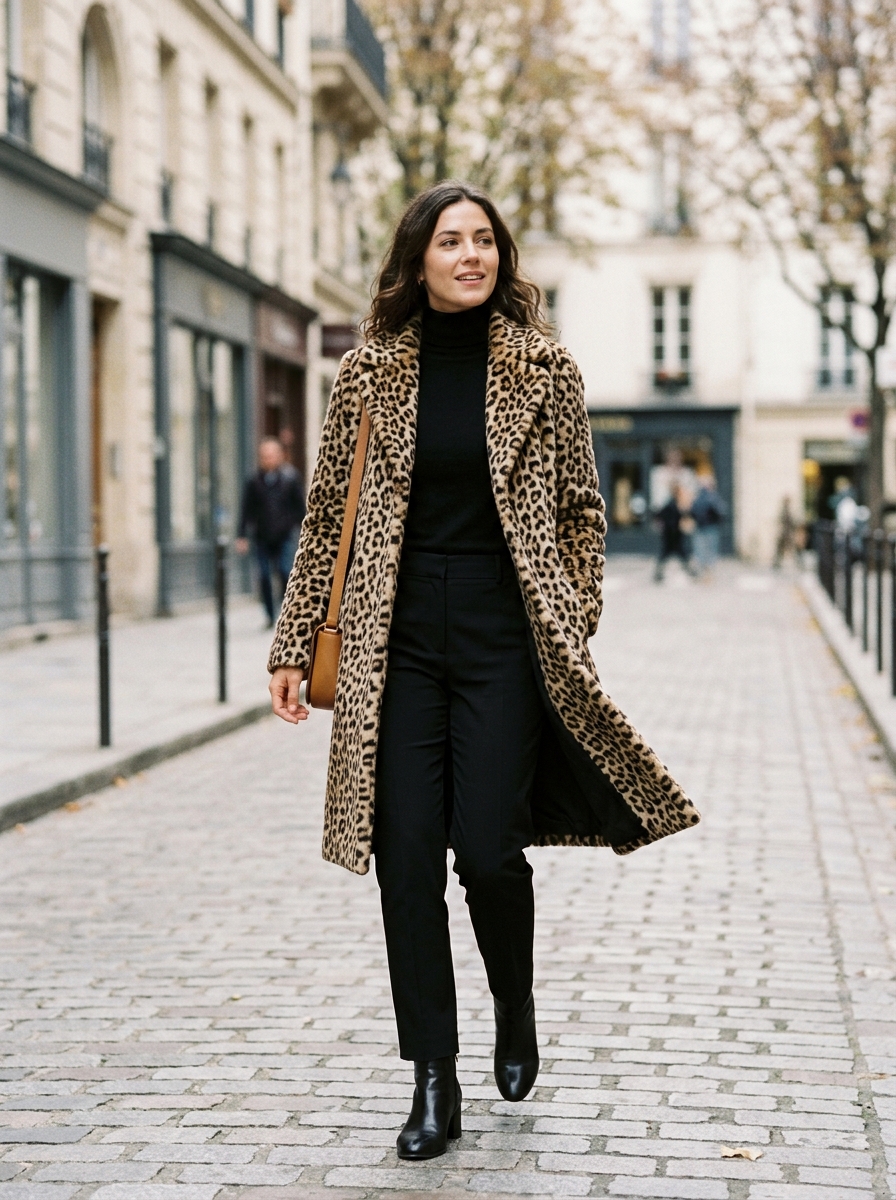 Leopard Print Coat Over Neutral Layers