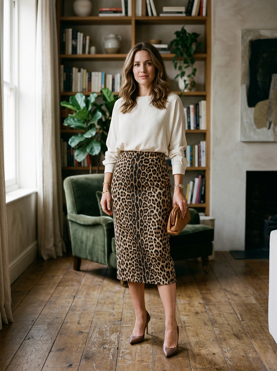 Leopard Print Pencil Skirt With Cream Blouse