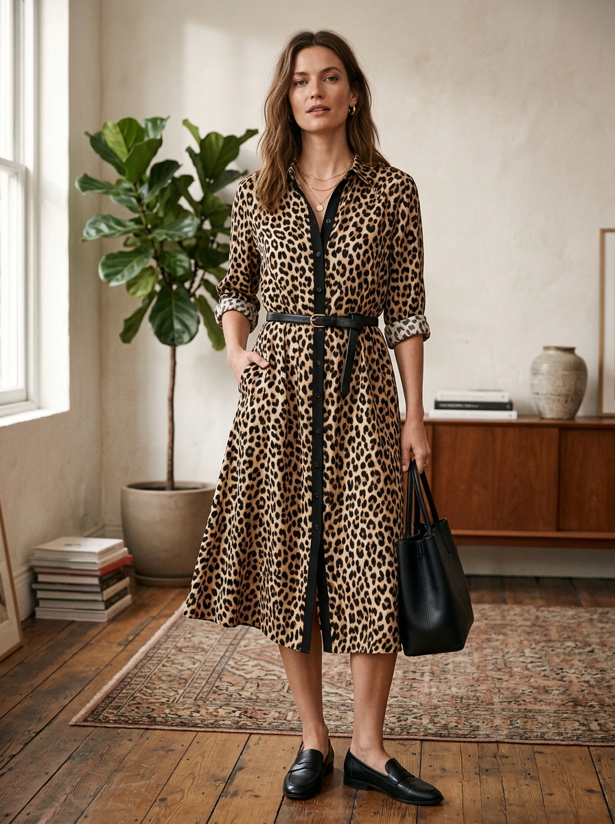 Leopard Print Shirt Dress With Belt