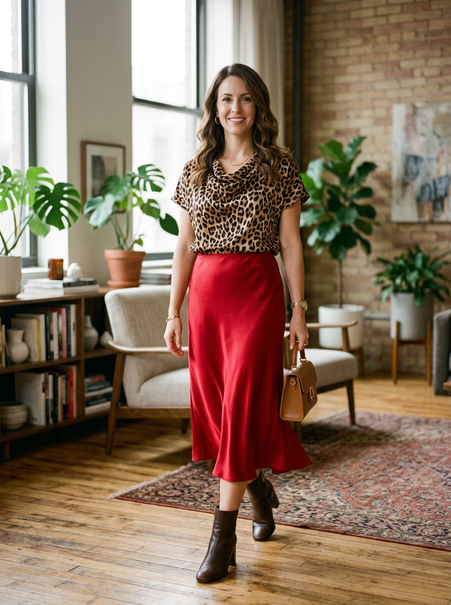 Leopard Print Top With Red Midi Skirt