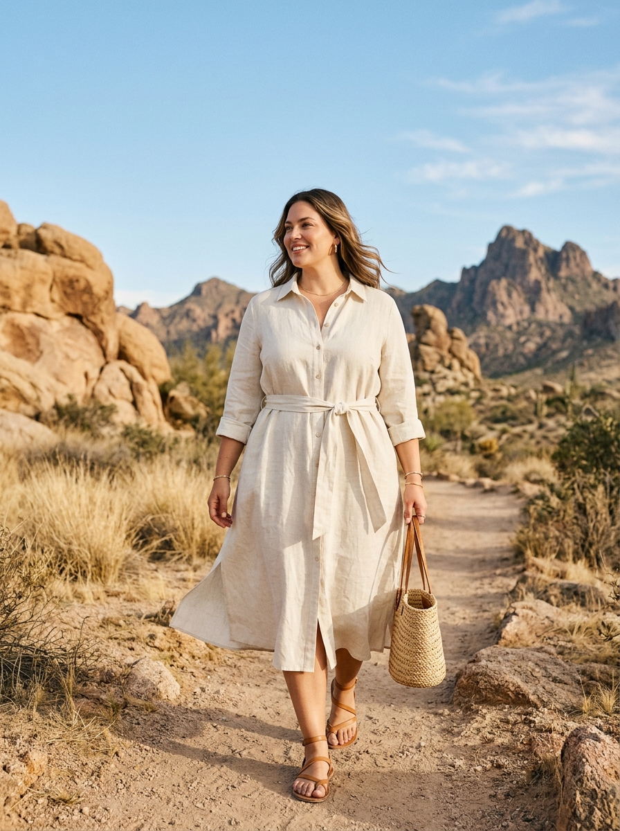 Lightweight Shirt Dress With A Waist Tie