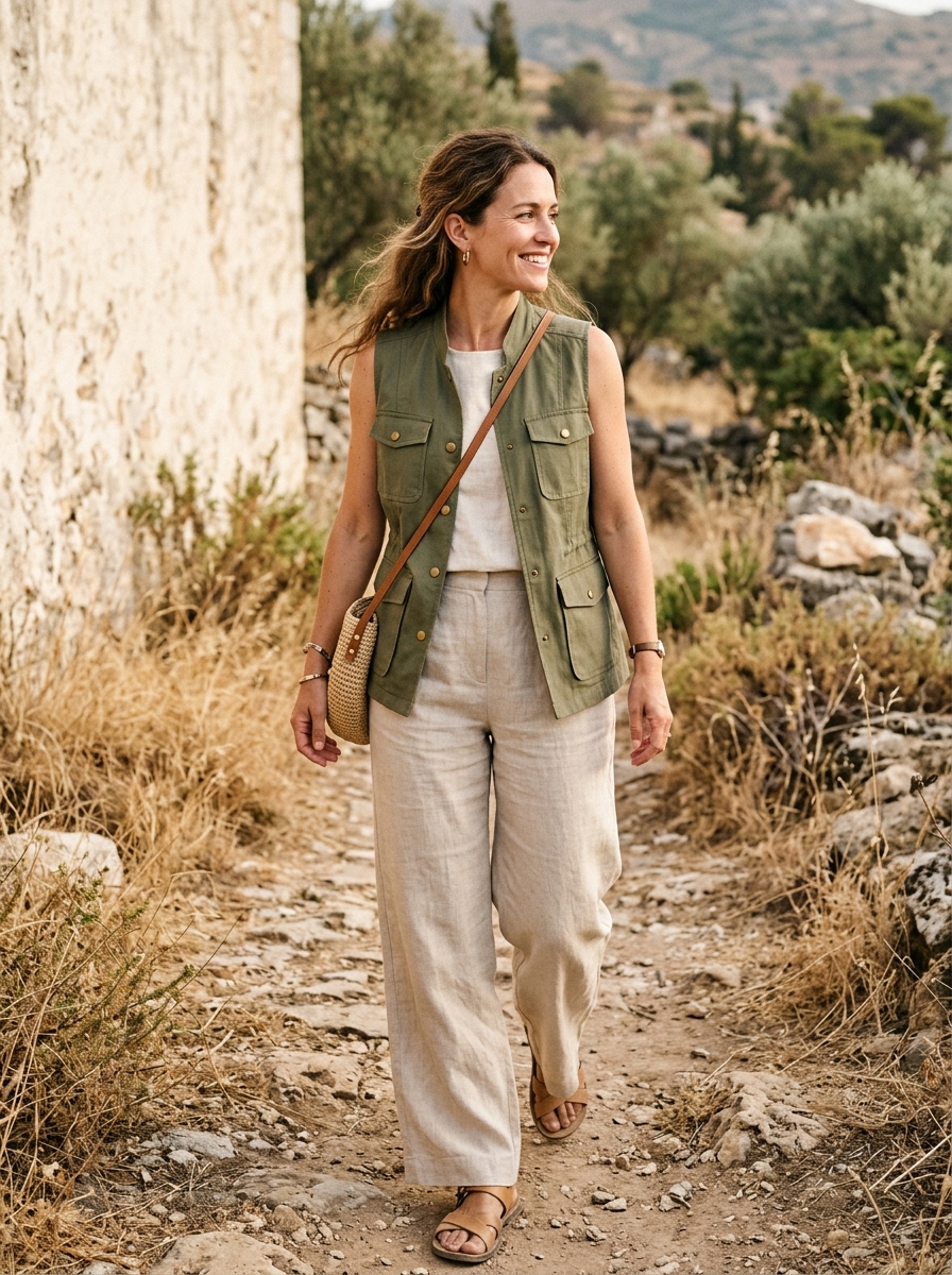 Linen Pants With a Sleeveless Utility Vest