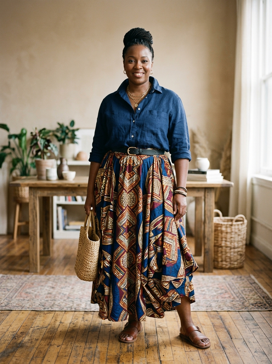 Long Ankara Skirt With Relaxed Button-Down