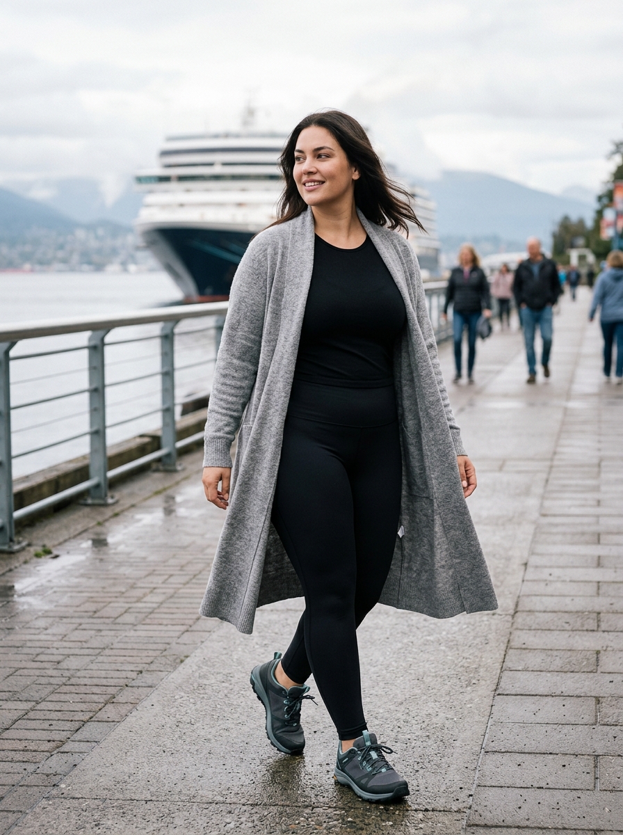 Long Cardigan With Black Leggings and Waterproof Sneakers