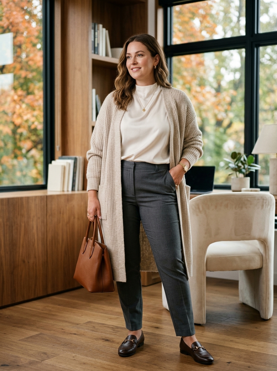 Long Cardigan With Blouse And Slim Trousers