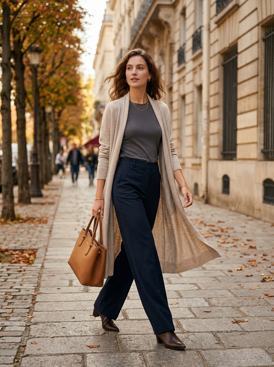 Long Cardigan With Fitted Tee and Wide-Leg Trousers