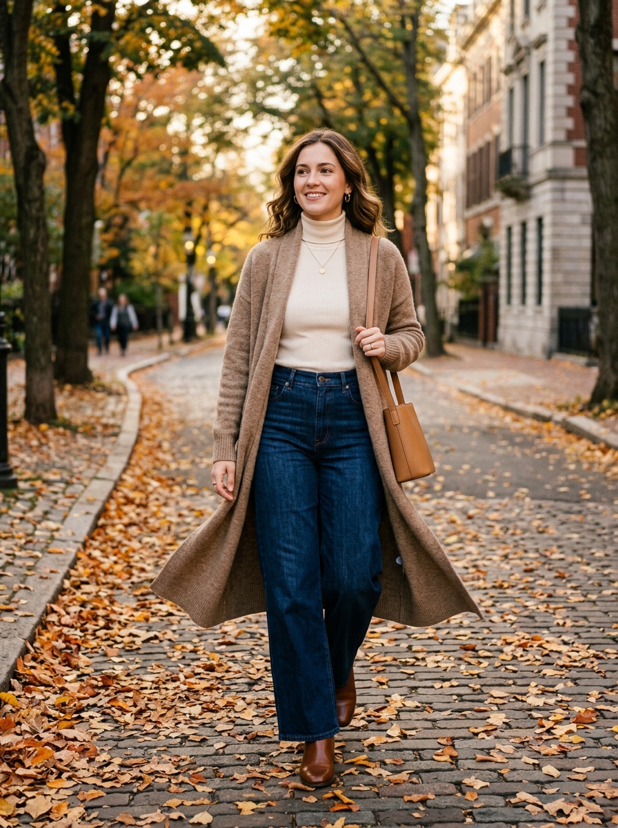 Long Cardigan With Turtleneck and Wide-Leg Jeans