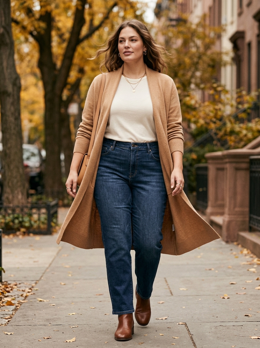 Long Cardigan With a Fitted Tee and Dark Jeans