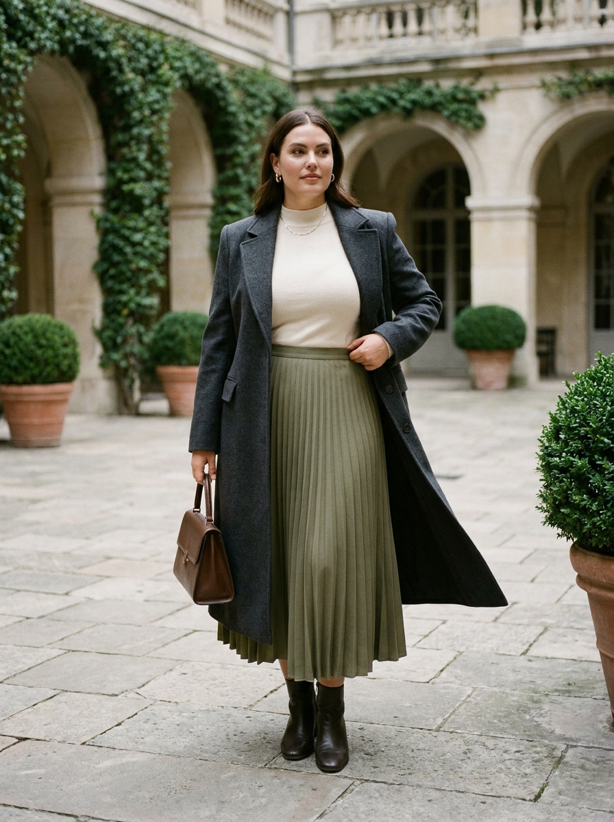 Long Coat With Midi Skirt And Knit Top
