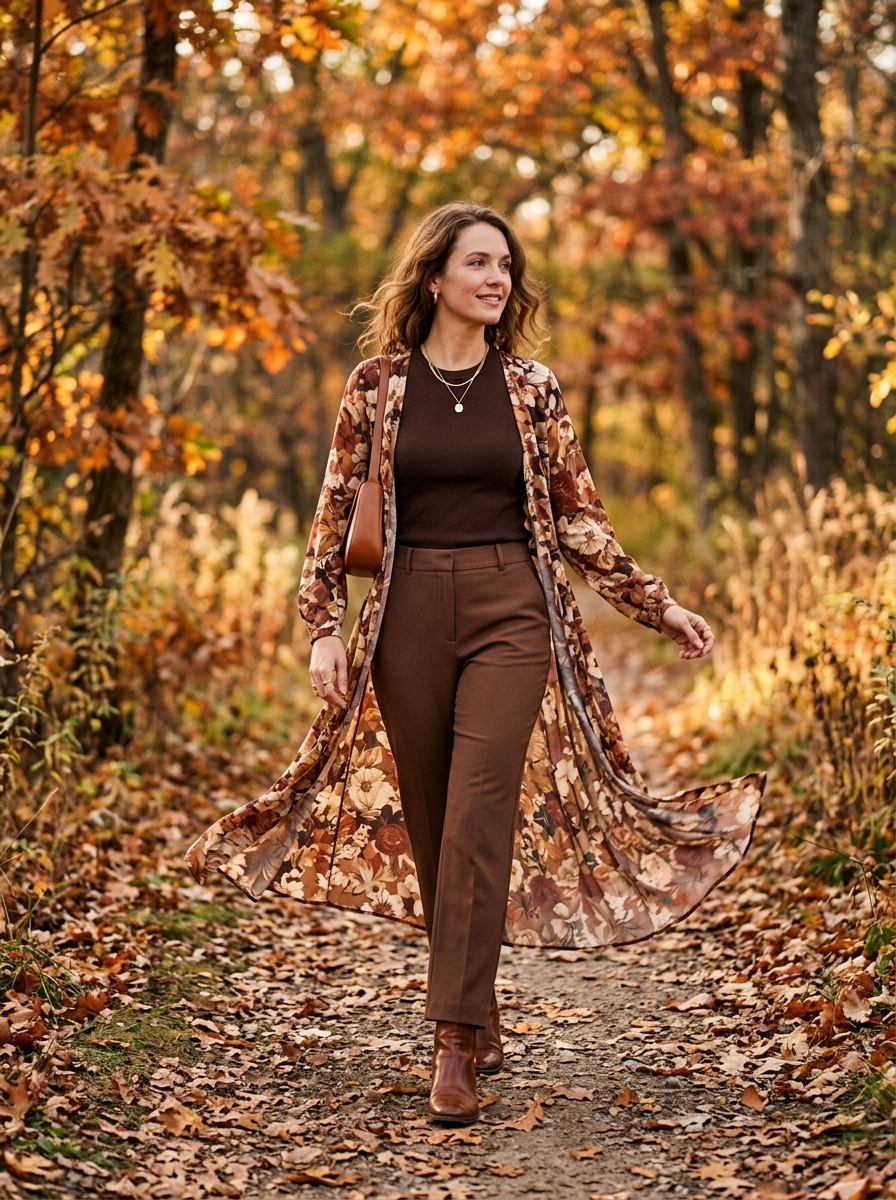 Long Floral Duster With a Monochrome Brown Base