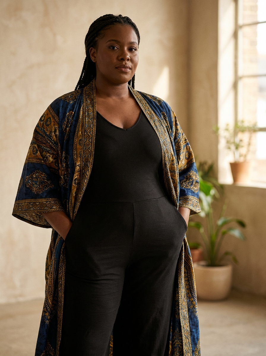 Long Print Kimono Over a Solid Jumpsuit