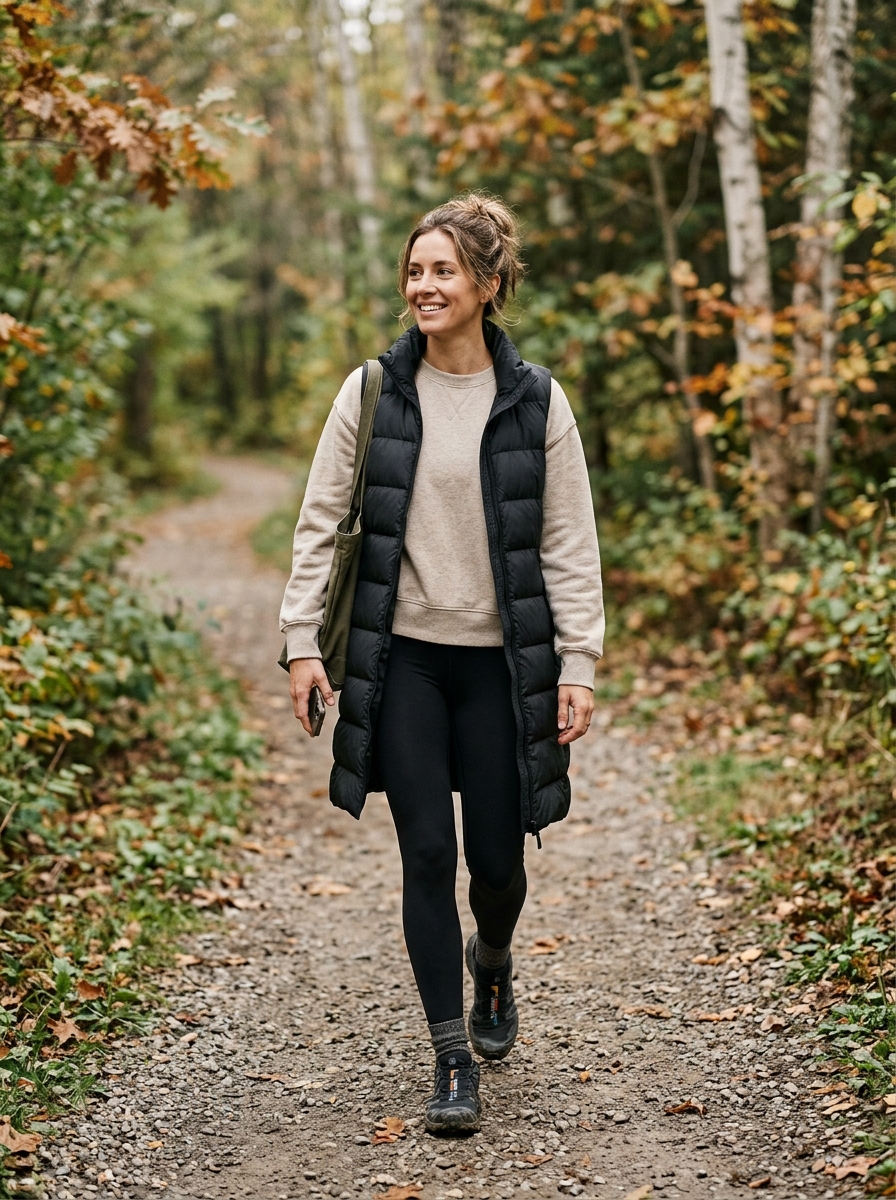 Long Puffer Vest With Sweatshirt and Leggings