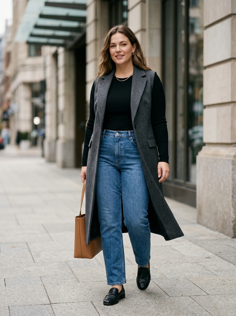 Long Vest With a Stretch Top and Straight Jeans
