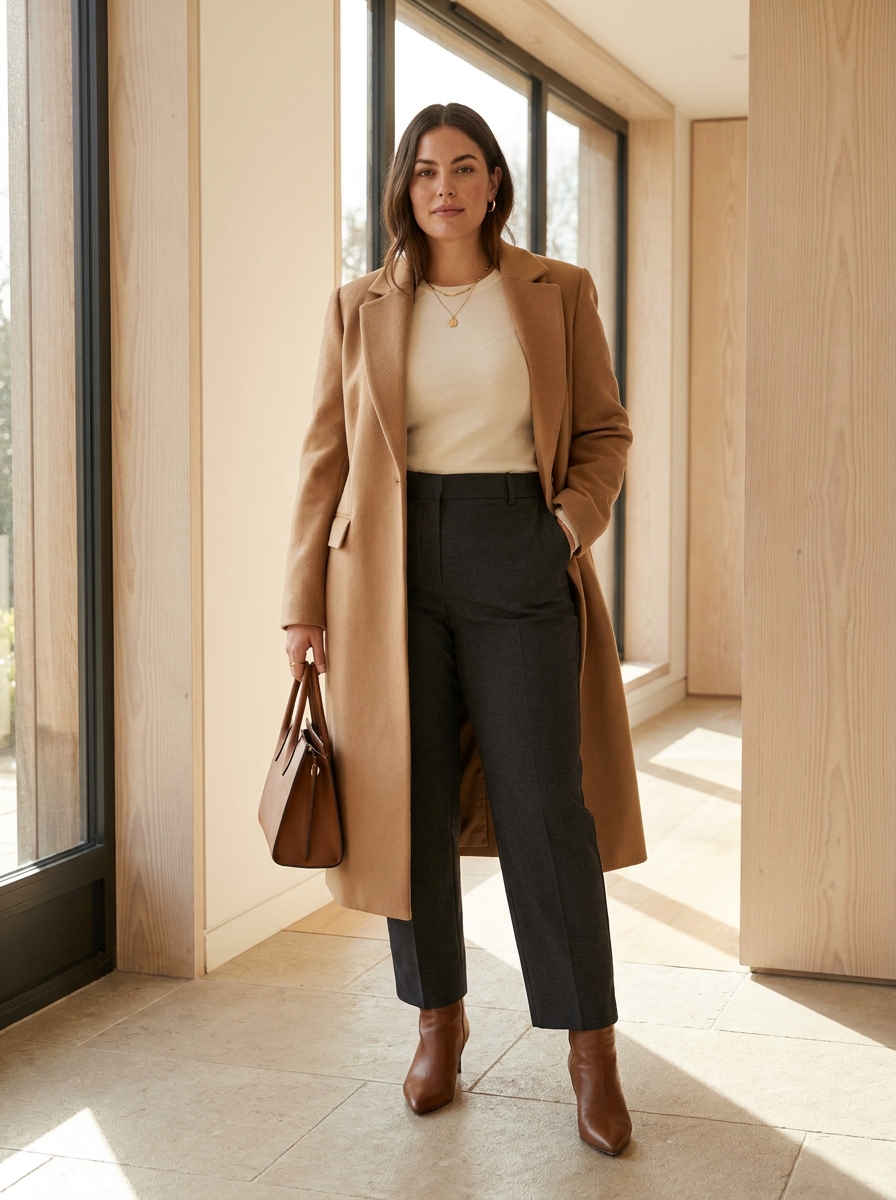 Long Wool Coat With Knit Top And Ankle Pants