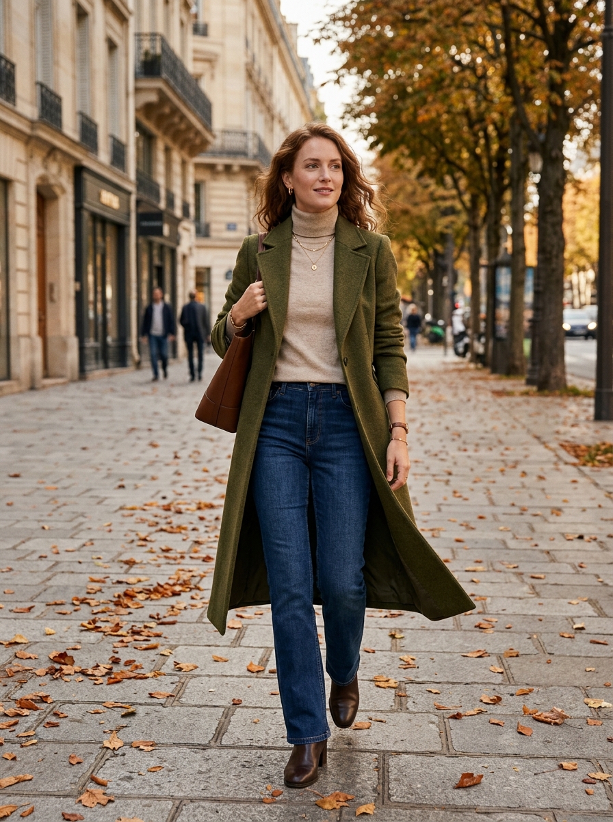 Long Wool Coat With Knit Top and Bootcut Jeans
