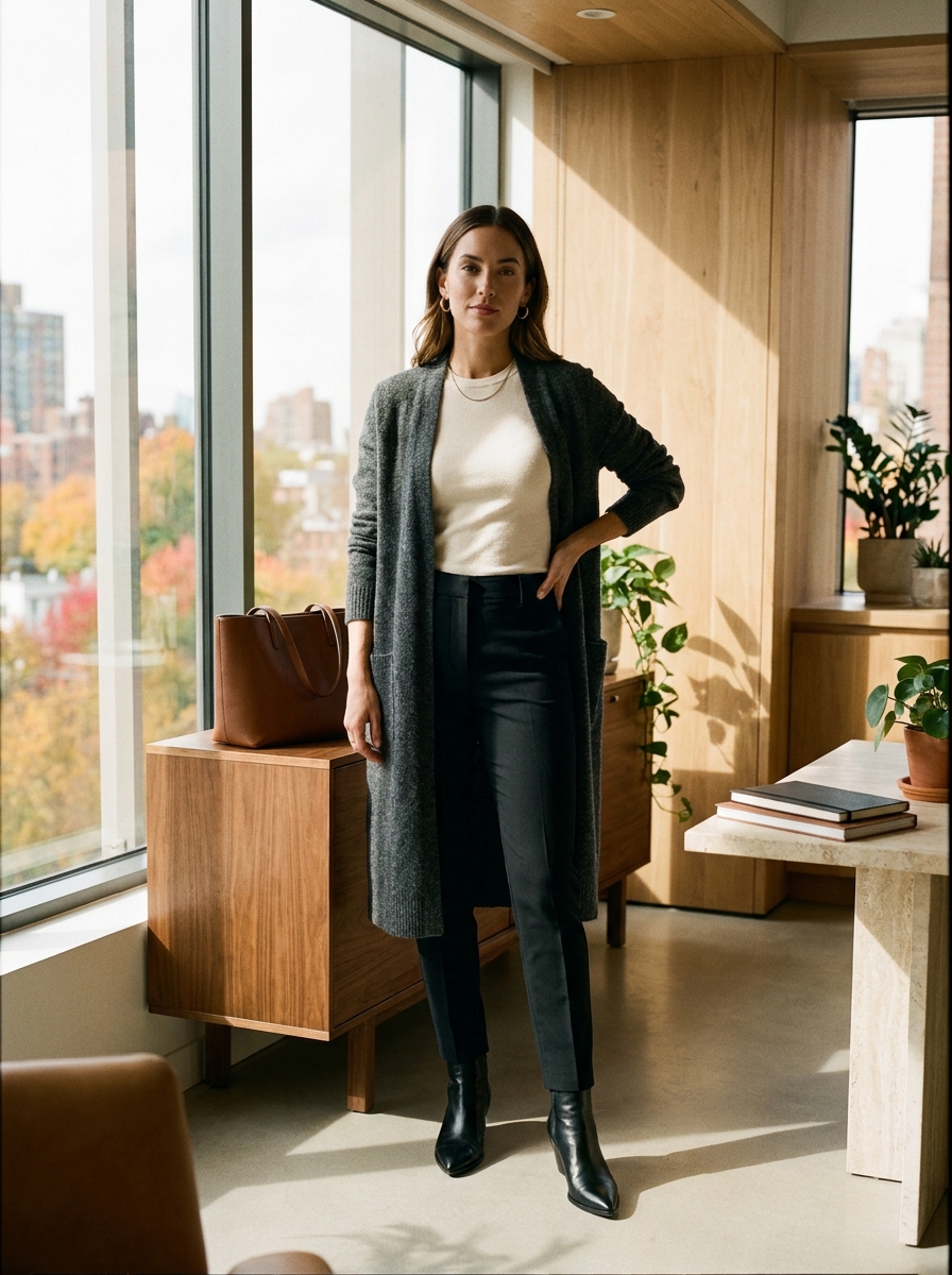 Longline Cardigan With Slim Black Trousers
