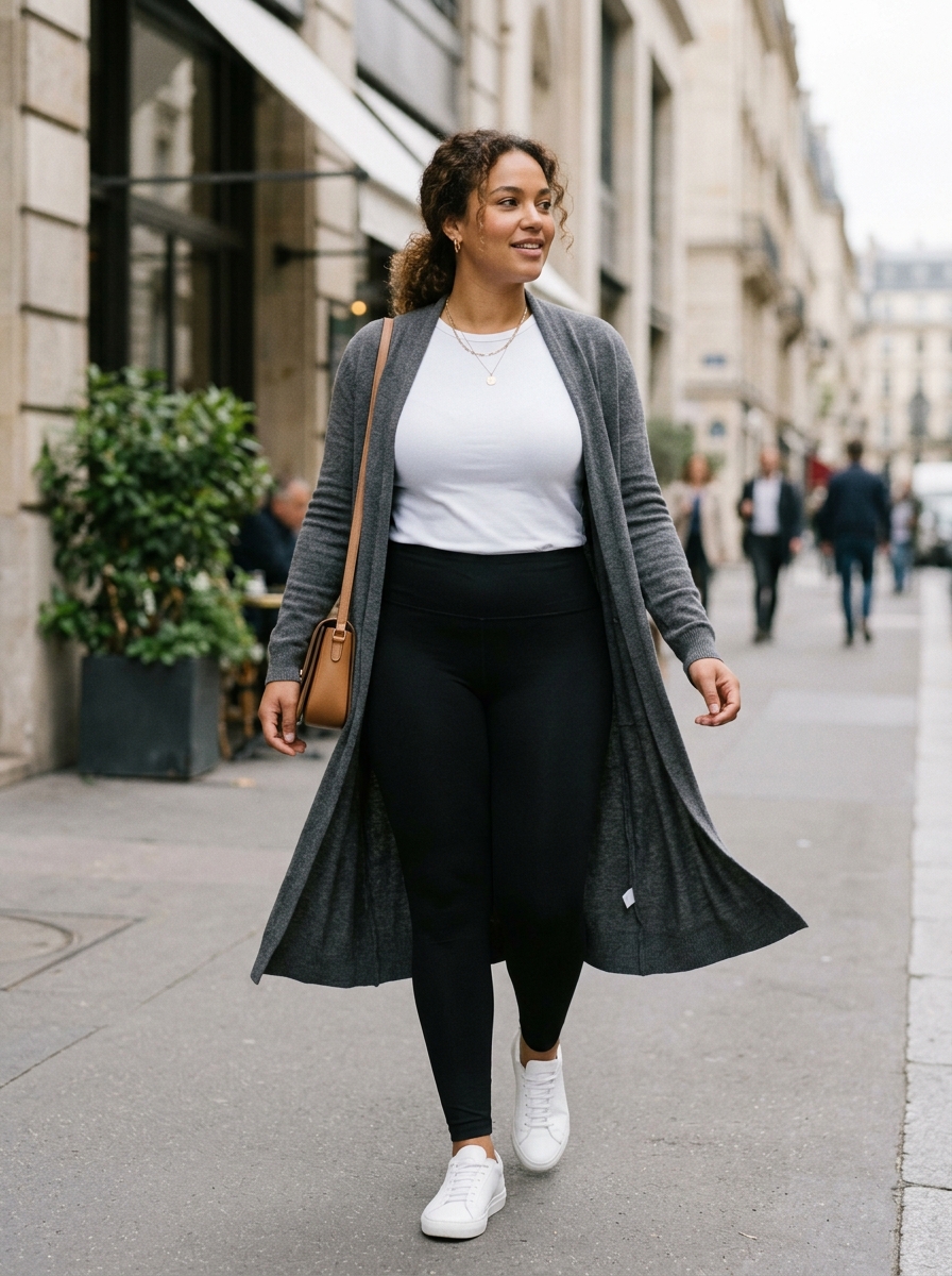 Longline Cardigan With a Fitted Tee and Leggings