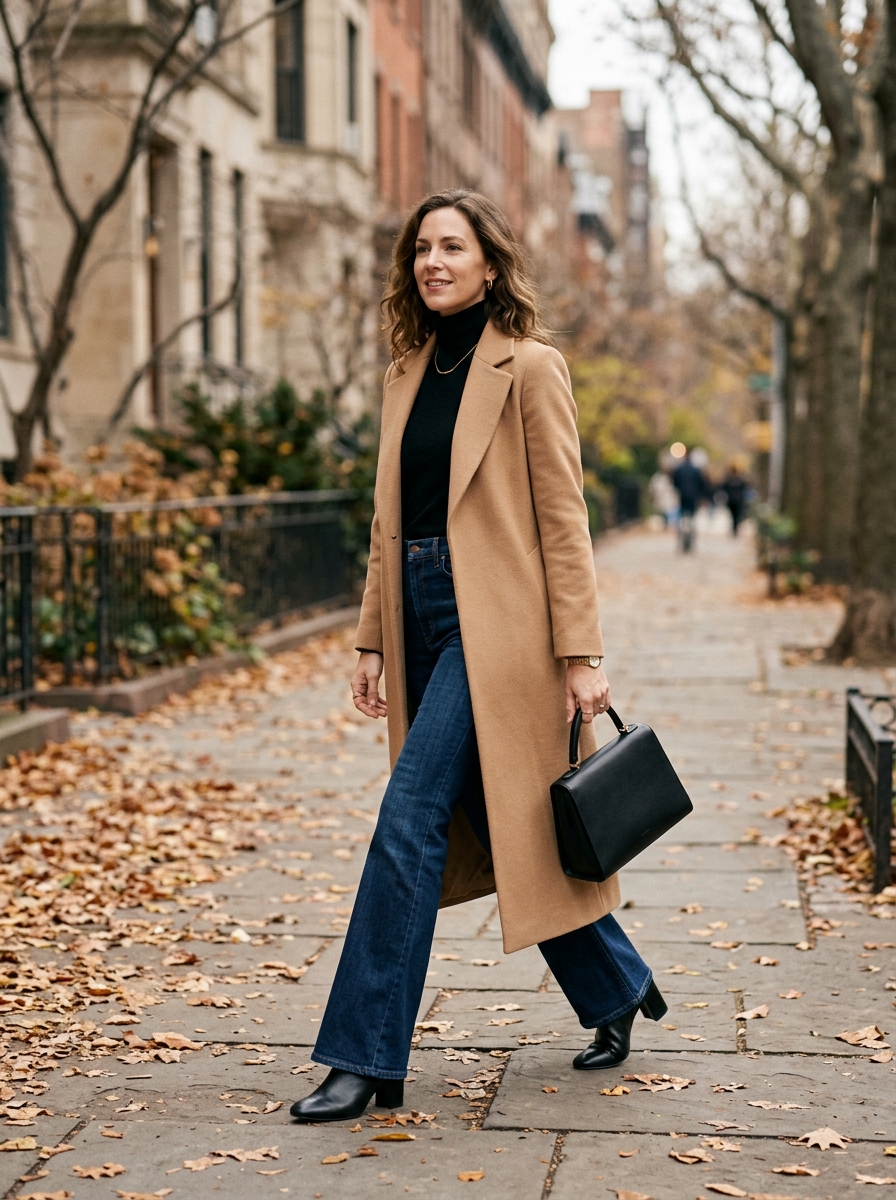 Longline Coat With Turtleneck and Flared Jeans