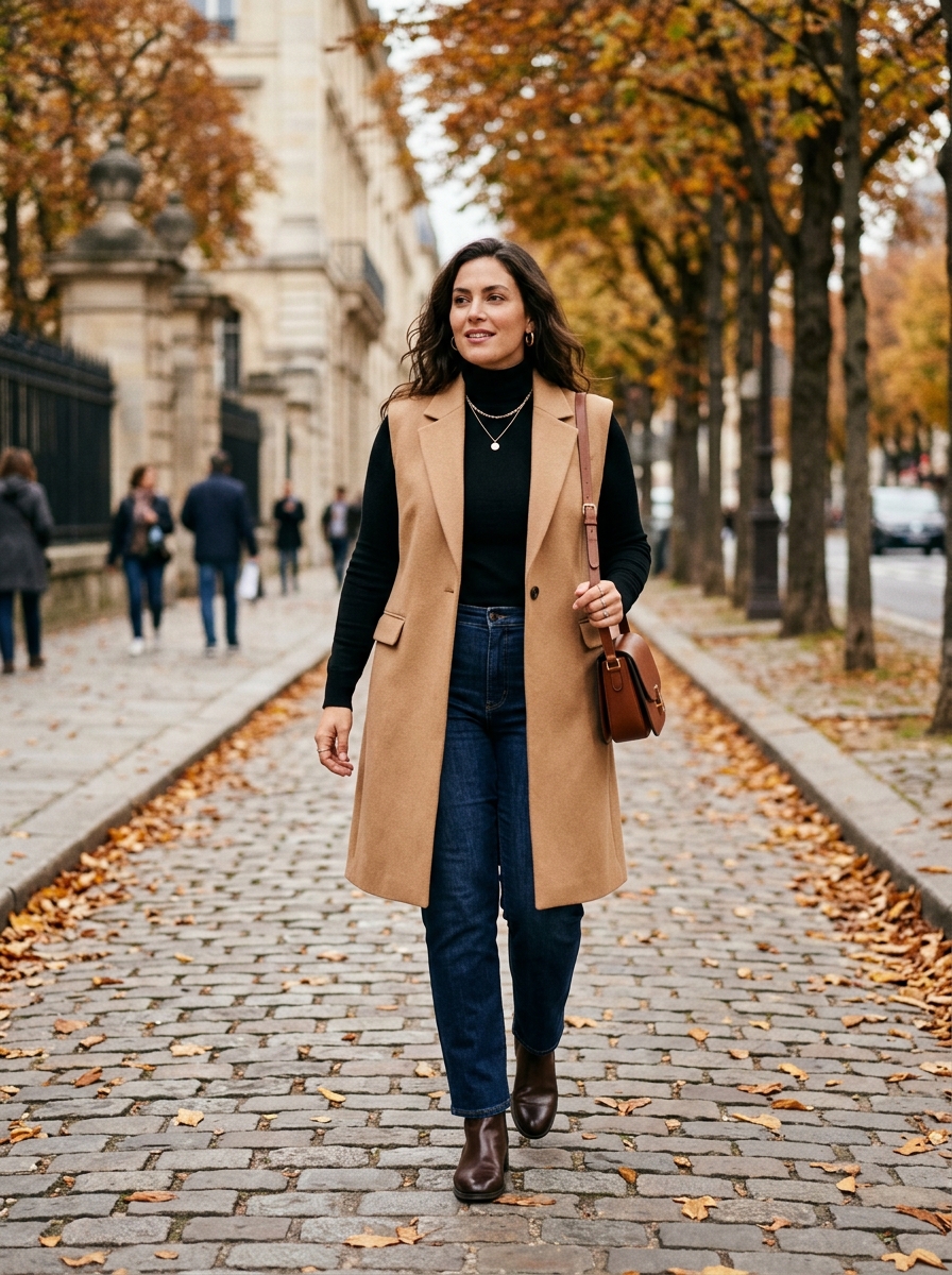 Longline Vest With Turtleneck and Jeans