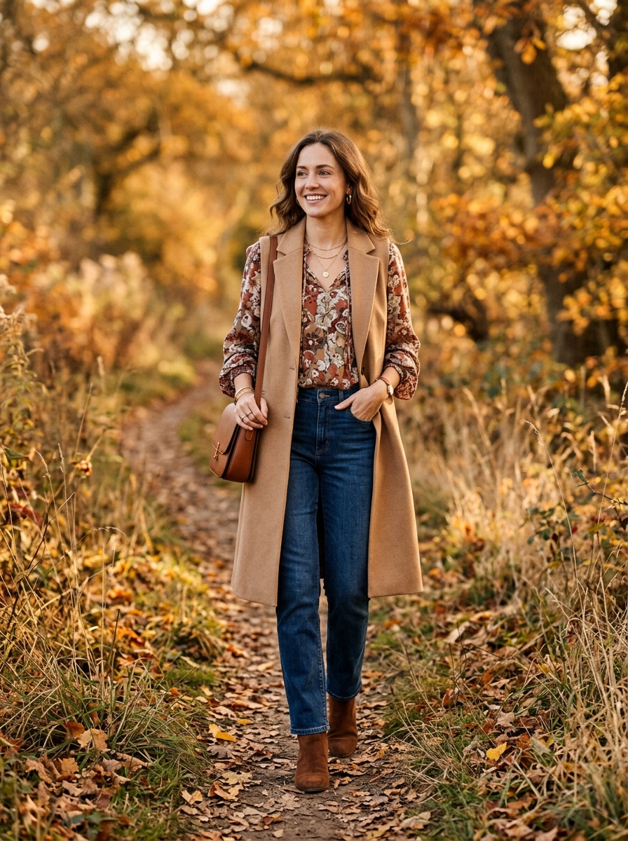 Longline Vest With a Floral Blouse and Jeans