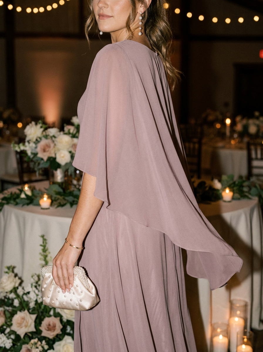 Mauve Cape-Sleeve Dress With a Flowing Skirt