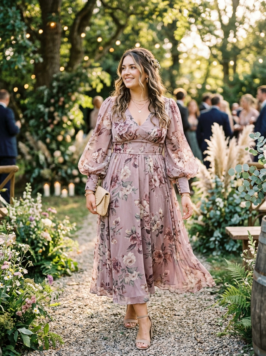 Mauve Floral Bishop-Sleeve Dress