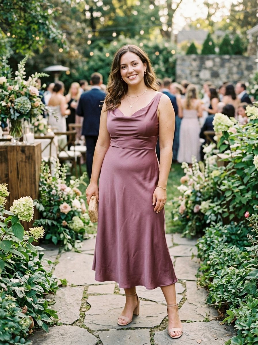 Mauve Satin Midi Dress With Draped Neckline