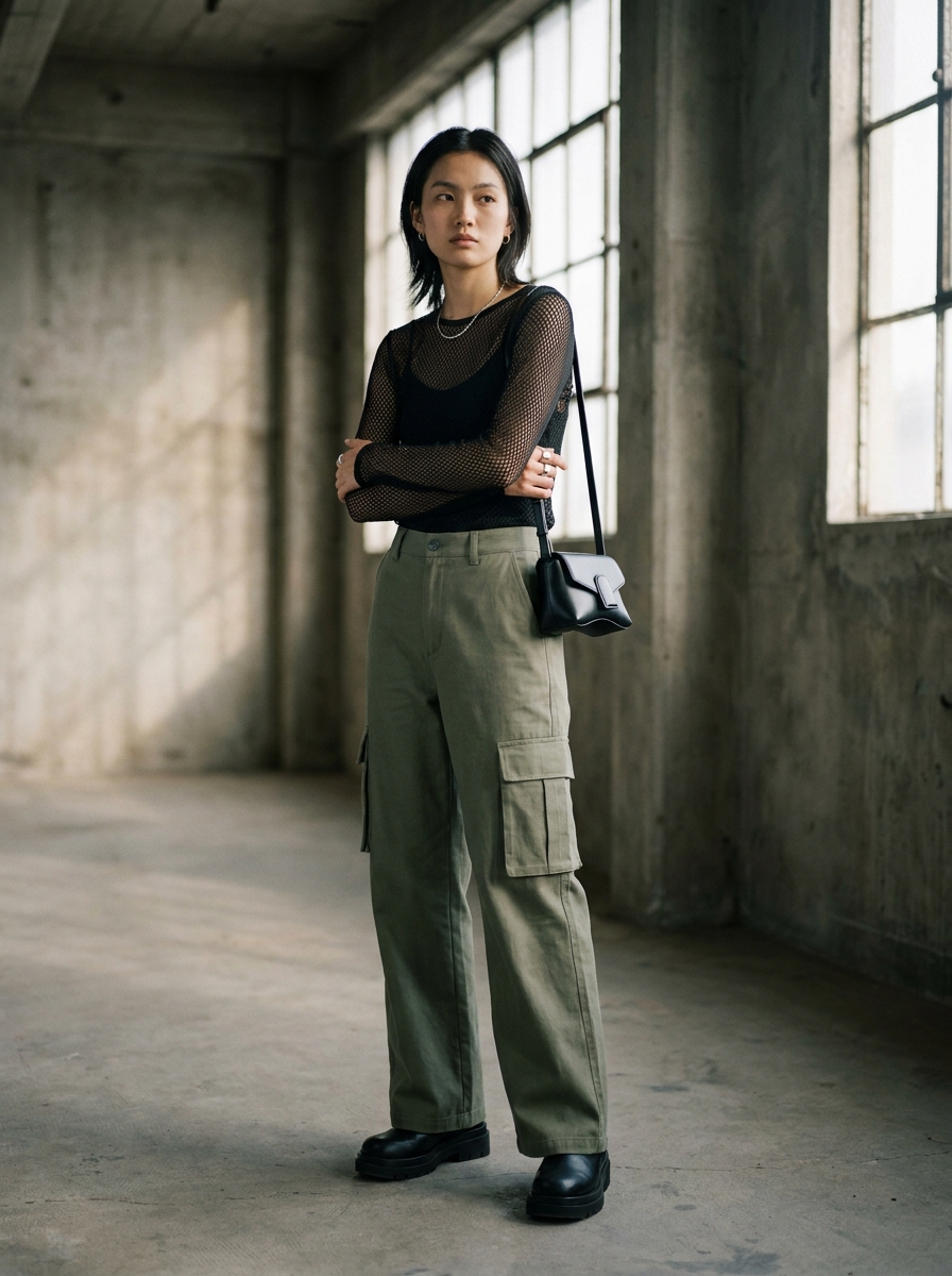 Mesh Top With High-Waisted Cargo Pants