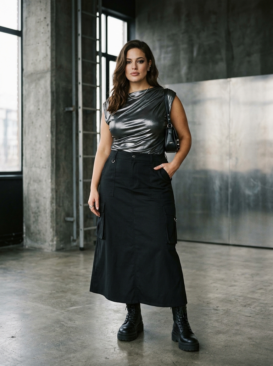 Metallic Top With Black Cargo Skirt