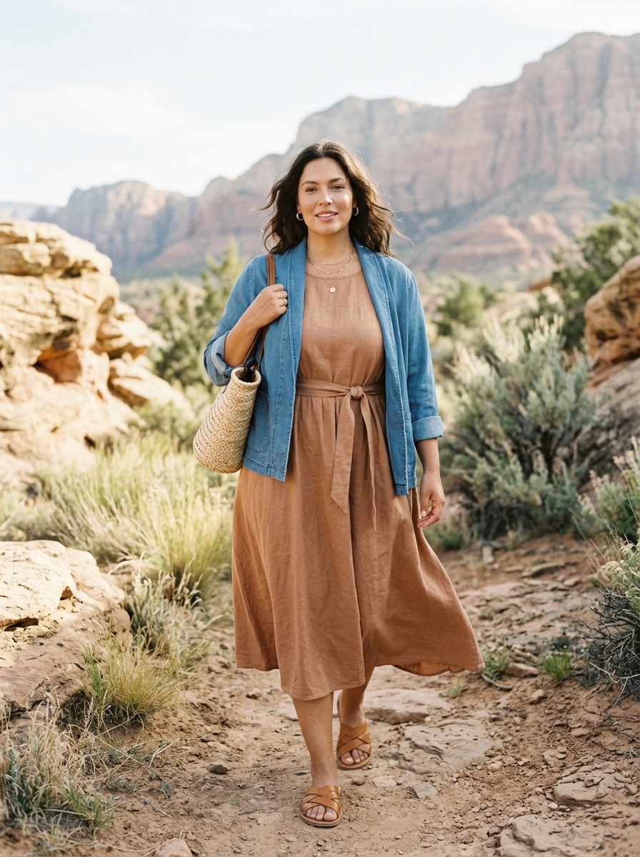Midi Dress With A Lightweight Denim Jacket
