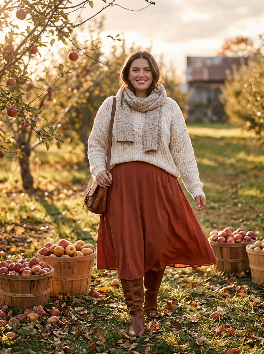 Midi Skirt With a Knit Sweater and Tall Boots