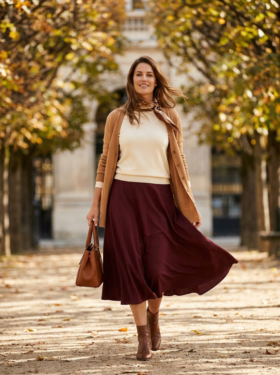 Midi Skirt With a Tucked Knit and Open Cardigan