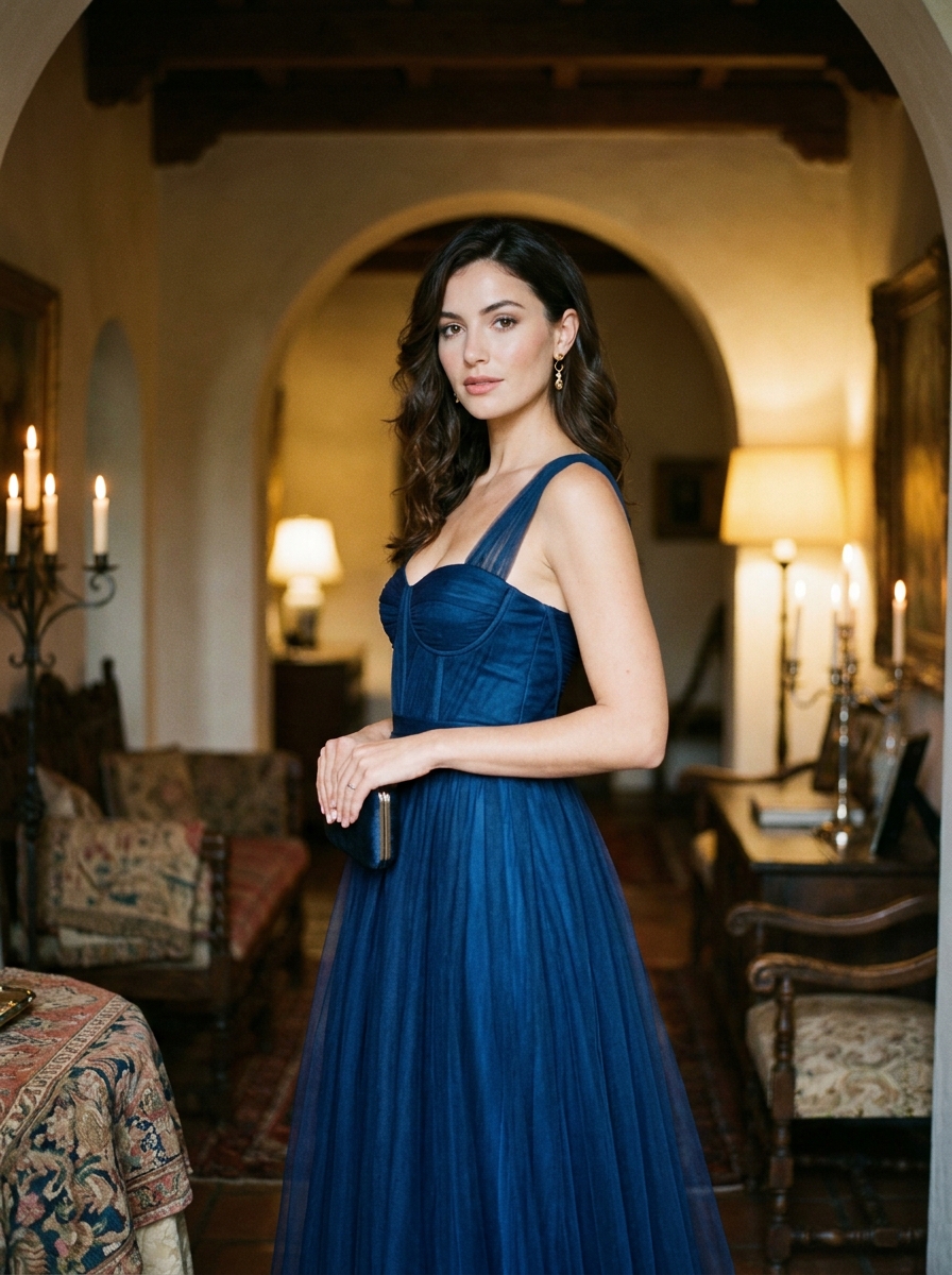 Midnight Blue Corset Dress With Sheer Layers