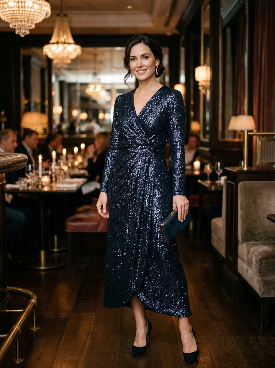 Midnight Blue Sequin Wrap Dress