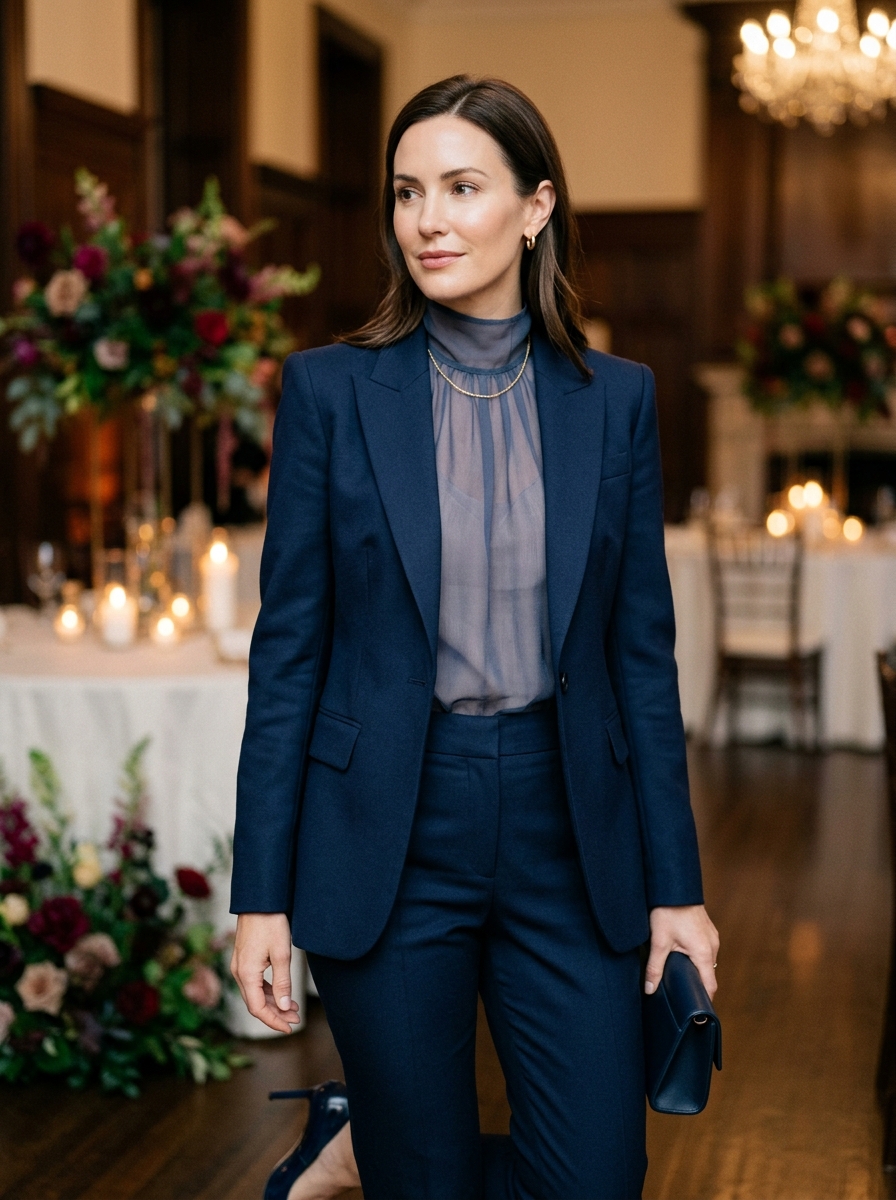 Midnight Blue Suit With a Sheer Blouse