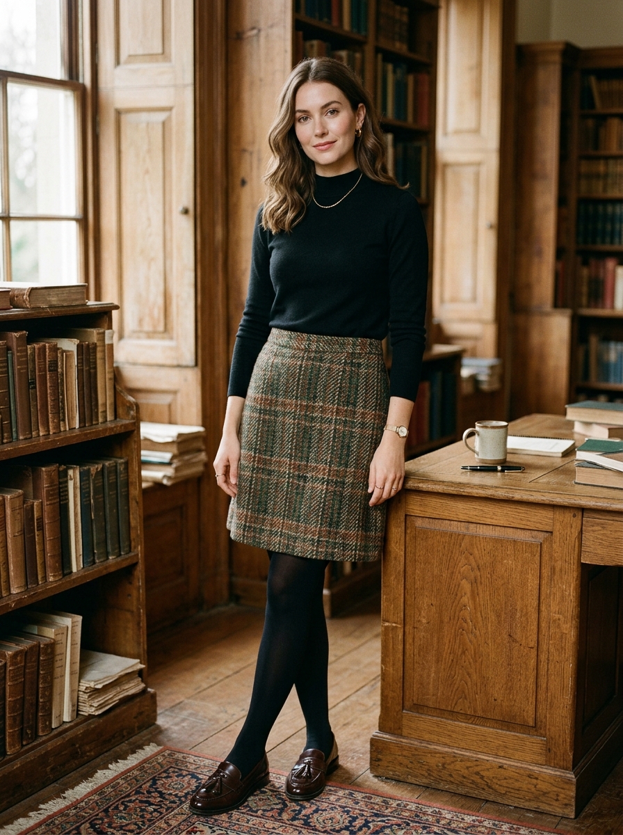 Mock-Neck Top With Tweed Skirt and Tights