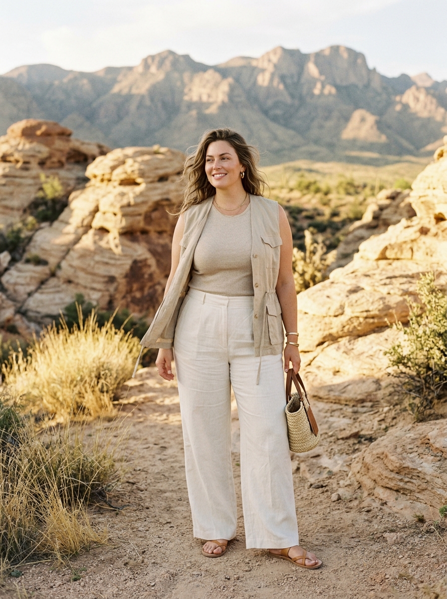 Monochrome Beige Outfit With A Lightweight Vest