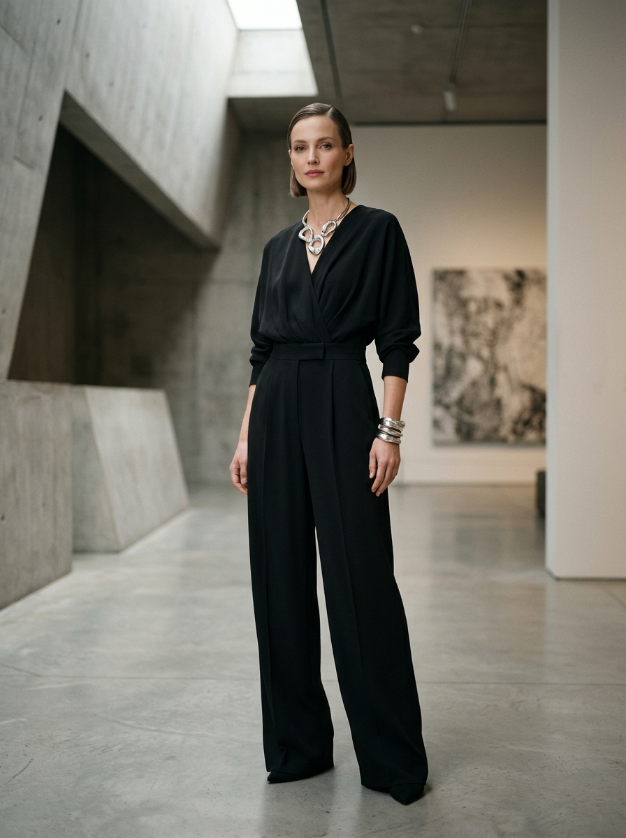 Monochrome Black Jumpsuit With Sculptural Jewelry