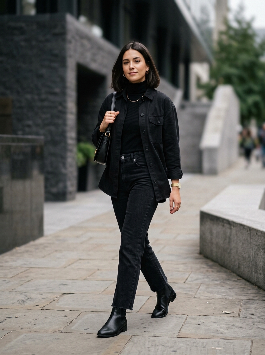 Monochrome Black Layers With Straight Jeans