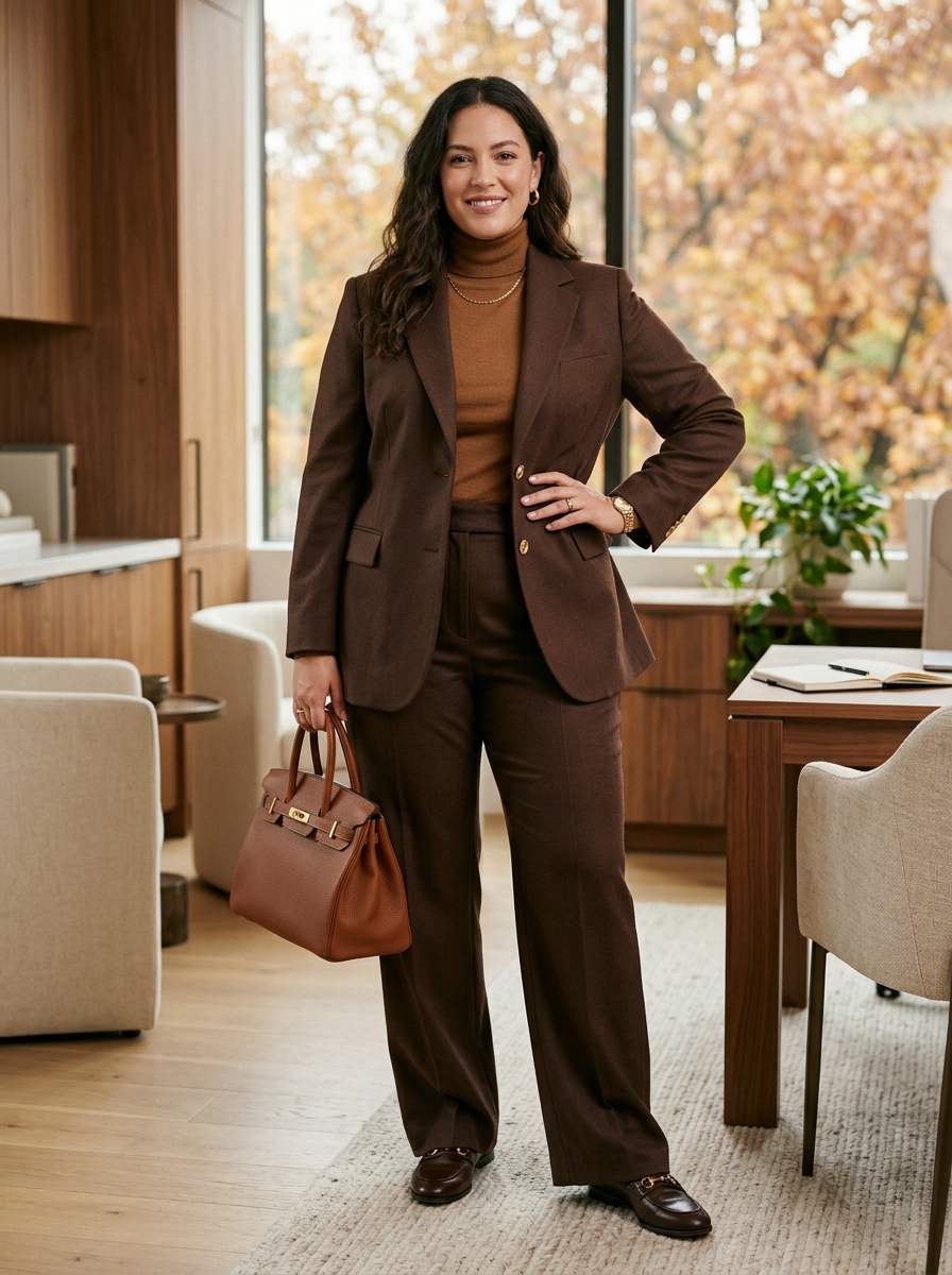 Monochrome Brown Suit With Fine-Knit Top