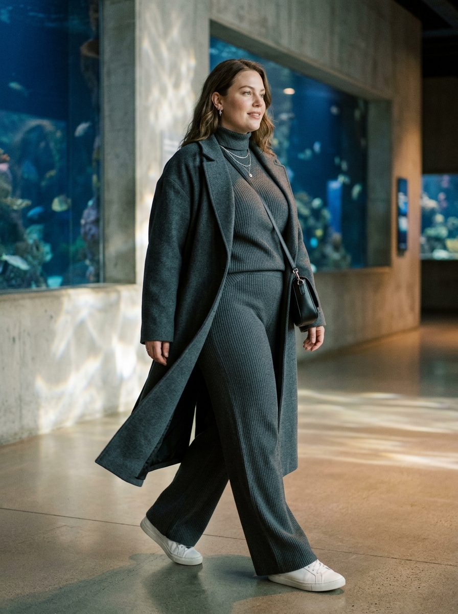 Monochrome Knit Set With a Long Coat