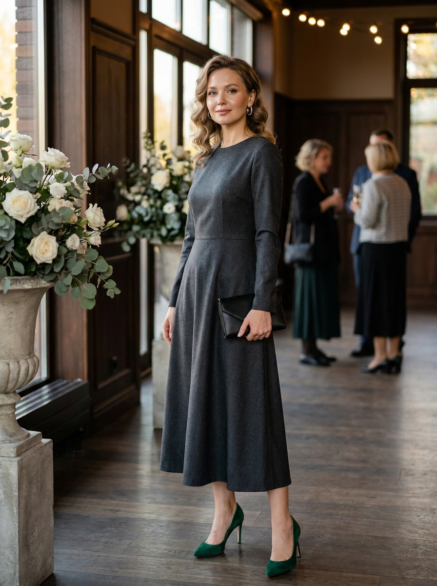Monochrome Tailored Dress With Bold Pumps