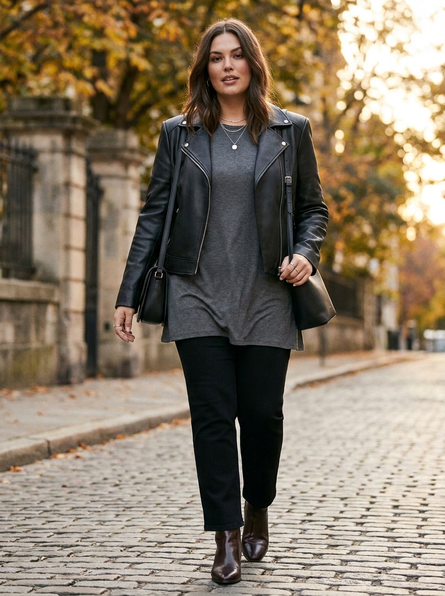 Moto Jacket With a Longline Top and Black Jeans