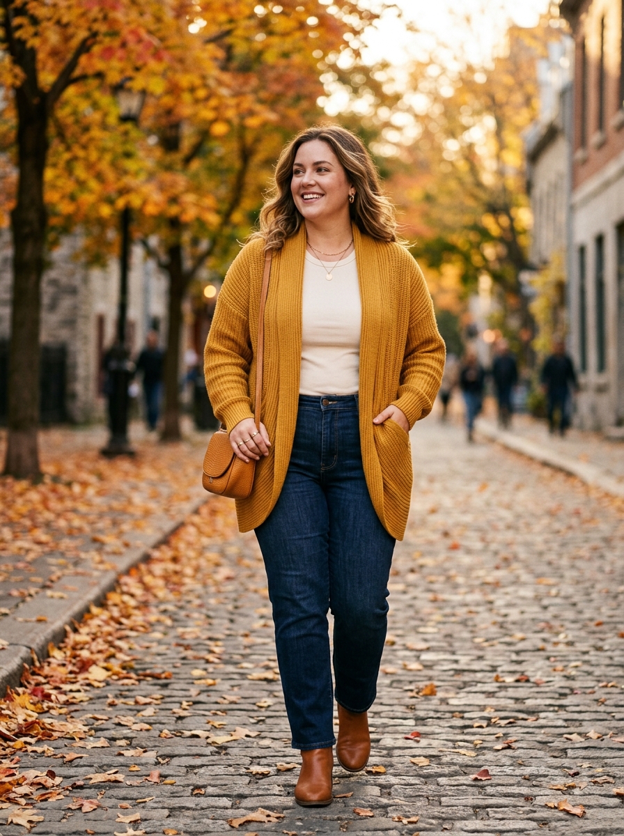 Mustard Cardigan With Dark-Wash Jeans