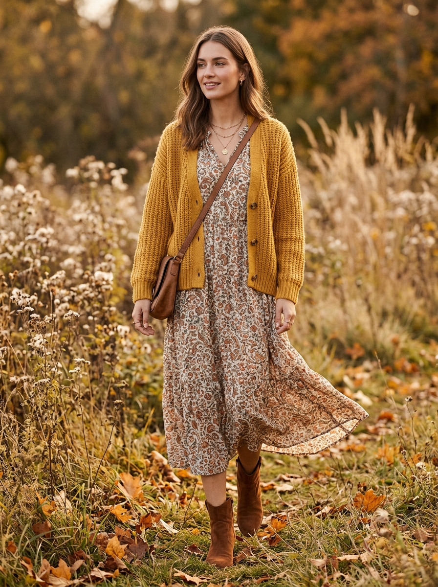 Mustard Cardigan With a Printed Midi Dress