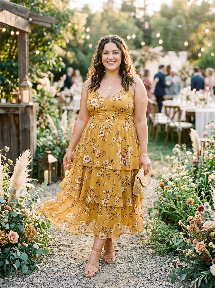 Mustard Floral Tiered Midi Dress