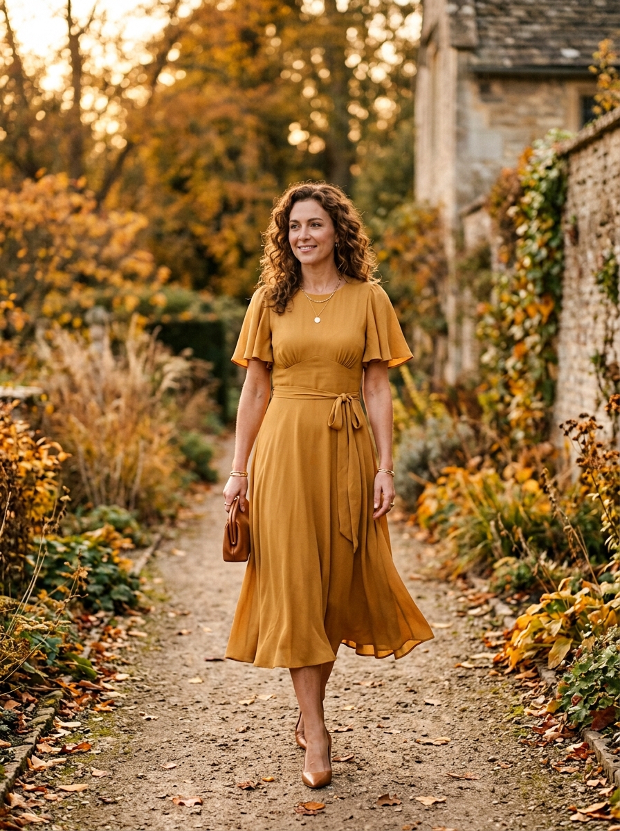 Mustard Gold Flutter-Sleeve Midi Dress