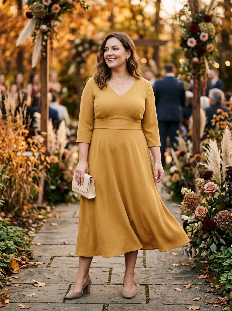 Mustard Yellow A-Line Midi Dress
