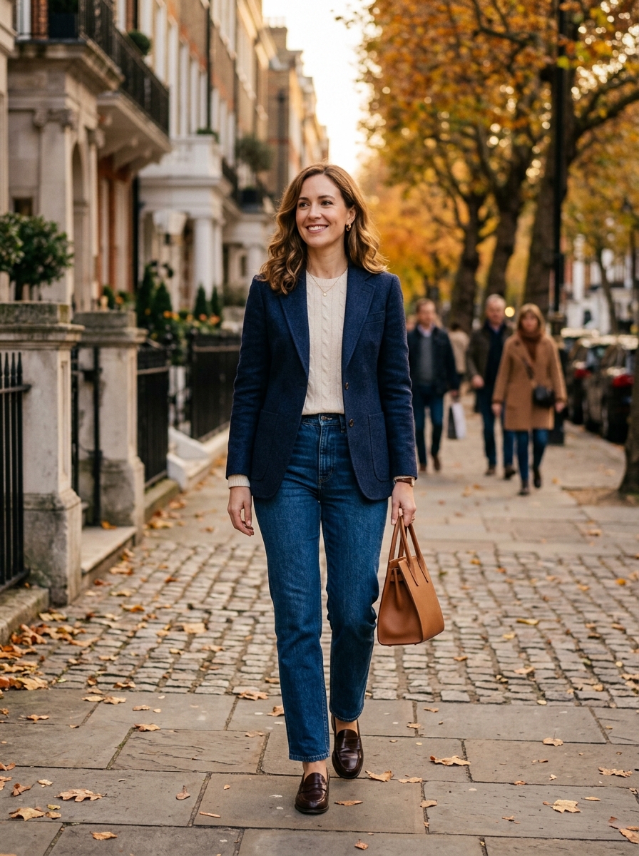 Navy Blazer With Cream Knit And Jeans
