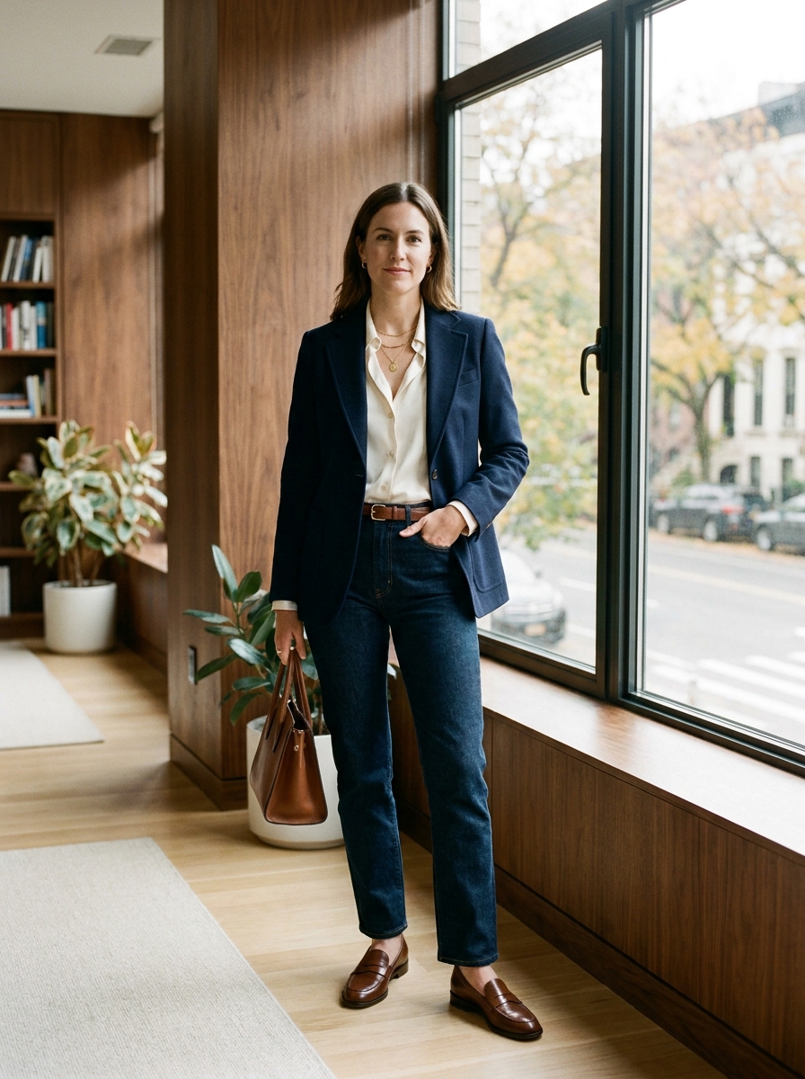 Navy Blazer With Dark Straight-Leg Jeans